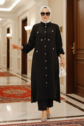 Neva Style Μαύρο Hijab Διπλό Σετ με Λεπτομέρεια Χάντρας 12082s