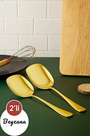BEYZANA Practical 2Pcs Stainless Gold Steel Luxury Serving Salad Spoon Spatula Steel Food Serving Spoon 21cm