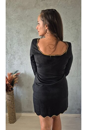 Butik Kare Yaka Işıltılı Süet Elbise