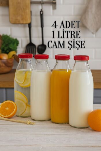 Rotanev 4 Pieces 1 Liter Transparent Jug Milk, Buttermilk, Water, Lemonade, Soft Drink Bottle Plastic Lid Glass Bottle