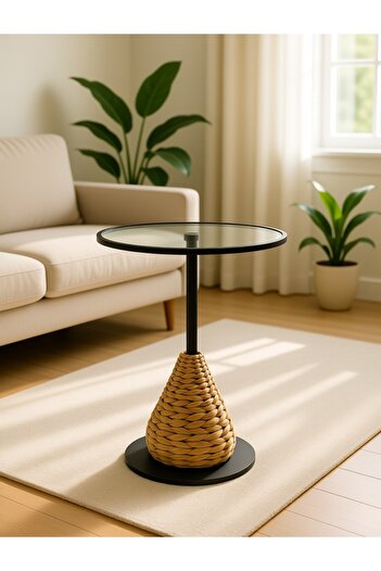 Living Round Glass Side Table with Woven Rattan Base and Metal Frame – Elegant Modern Design
