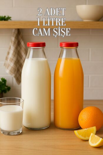 Tanemce 2 Pieces 1 Liter Transparent Jug Milk, Buttermilk, Water, Lemonade, Soft Drink Bottle Plastic Lid Glass Bottle