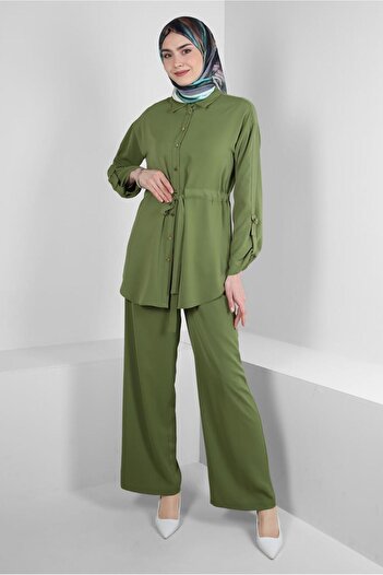 Alvina TIE DETAILED SHIRT COLLAR PANTS SUIT 43684