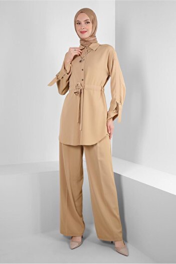 Alvina TIE DETAILED SHIRT COLLAR PANTS SUIT 43684