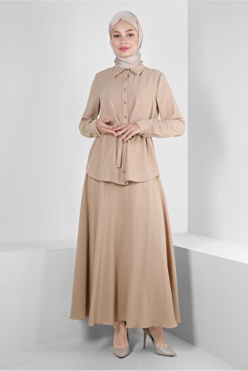 Alvina SHIRT COLLAR WAIST WITH STRAPPED DOUBLE SKIRT SET 43893
