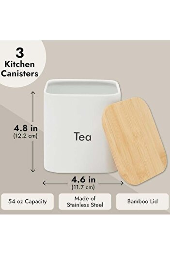fulina Coffee Tea Sugar Container Set,3 Pieces,White Iron Kitchen Canister Set with Bamboo Lids,48 oz