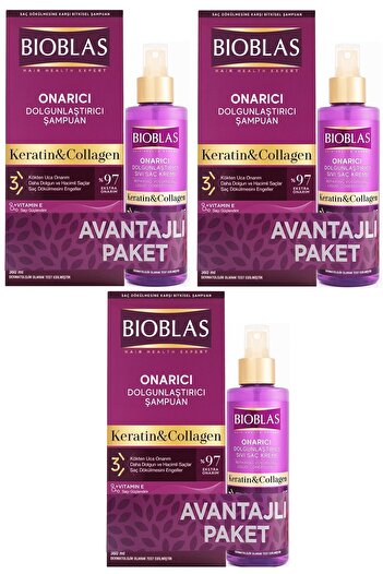 Bioblas Collagen Keratin Shampoo and Liquid Conditioner - 360Ml+115Ml X 3 Pieces