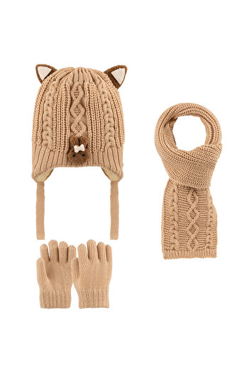 Aware Time Kitti 1-4 Years Old Baby Girl & Child Accessory Fleece Inside Scarf Beanie Gloves Set of 3