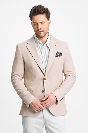 Frappoli Abrines Erkek Bej Pamuklu Likralı Esneyen Kumaşlı Slim Fit Spor Blazer Ceket