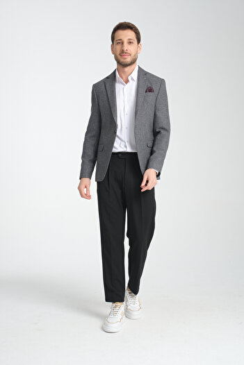 Frappoli Allegrie Men's Black Oversize Large Size Mono Collar Patterned Slim Fit Blazer Jacket