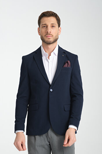 Frappoli Baselnaa Men's Dark Navy Oversize Oversize Slim Fit Lined Buttoned Basic Blazer Jacket