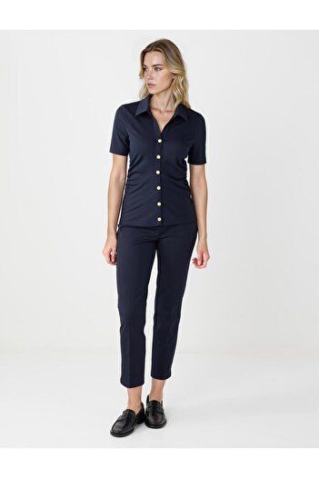 Jimmy Key Navy Blue High Waist Regular Leg Canvas Woven Trousers