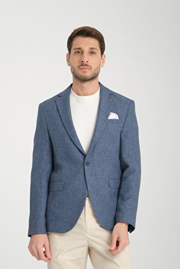 Frappoli Allegrie Men's Navy Blue Oversized Mono Collar Patterned Slim Fit Blazer Jacket