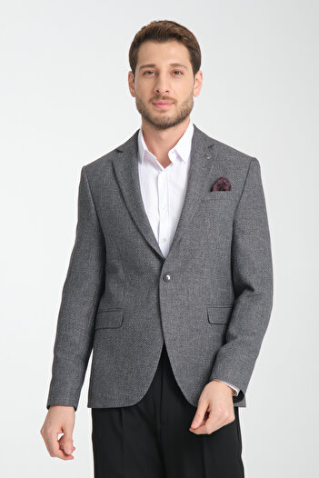 Frappoli Allegrie Men's Black Oversize Large Size Mono Collar Patterned Slim Fit Blazer Jacket