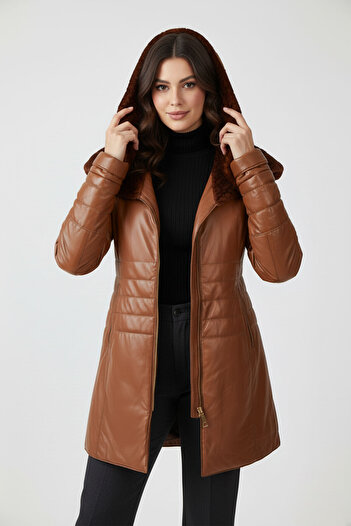 Deriderim Tan Madelyn Fur Detailed Fixed Hooded Belted Zippered Lined Women's Genuine Leather Coat