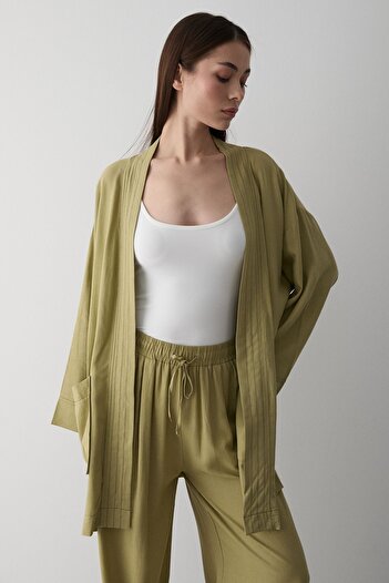 Laluvia Khaki 100% Cotton Belted Kimono Set with Pocket Detail - 8491