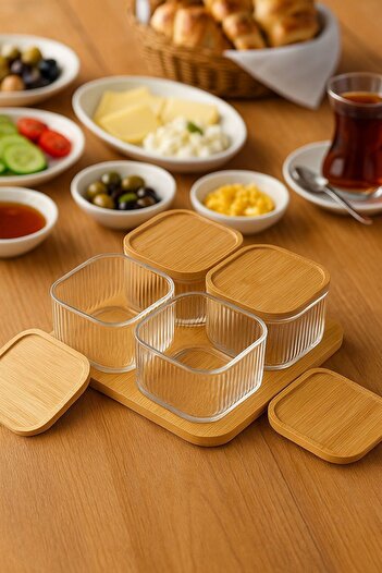 isra kristal Glass Breakfast Set of 4 with Bamboo Lid – Stylish Presentation and Snack Bowl - Borosilicate Glass Breakfast Set