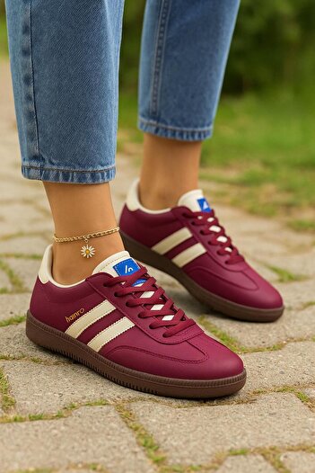 homiro Bağcıklı Unisex Spor Sneaker Ayakkabı-Bordo-Bej