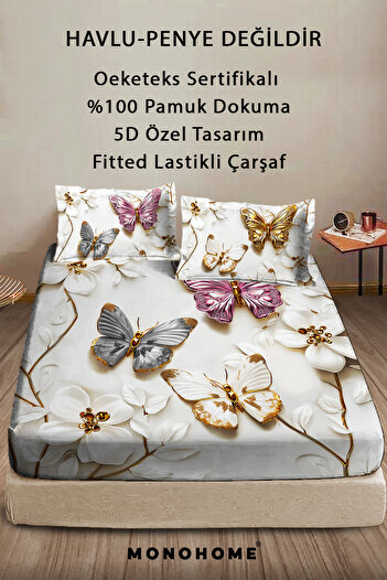 MonoHome 100% Cotton Fitted Sheet Special Design 5D Digital 60 Wire Butterfly