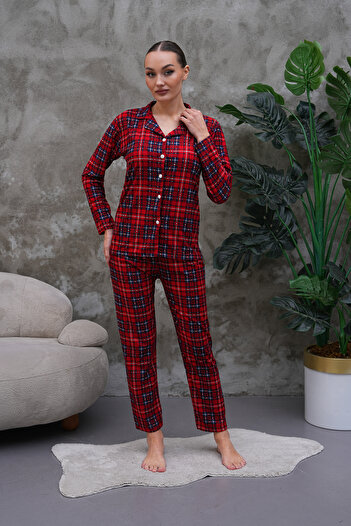 Fanwet Women's Suede Velvet Long Sleeve Plaid Front Button Shawl Collar Plaid Pattern Red Shirt Pajama Set