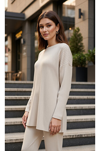 EYYE Set de două piese femei, bluză și pantaloni, din bumbac, culoare gri