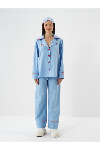 Xint Kadın Mavi İpeksi Saten Oversize Pijama Seti