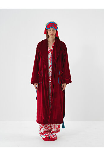 Xint Kadın Kırmızı Lüks Dokulu Soft Kadife Oversize Sabahlık