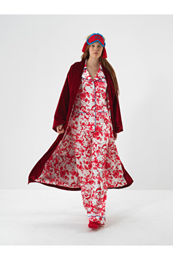 Xint Kadın Kırmızı Lüks Dokulu Soft Kadife Oversize Sabahlık