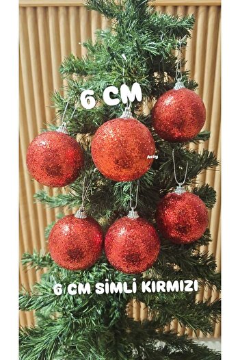 asöy Christmas Tree - 6 cm Red Glitter Ball, 6-Piece Red Glitter Snowy Sphere Ornament