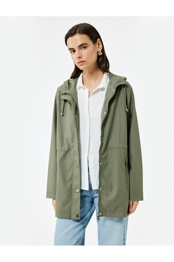 Koton Long Sleeve Zippered Hooded Raincoat with Pockets and Tieable Waist