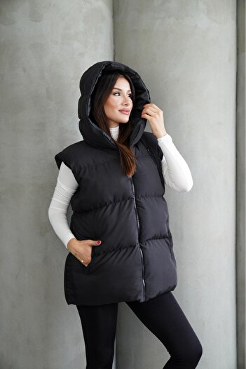 SOFT Kadın Şişme yelek siyah kapüşonlu oversize rahat kalıp