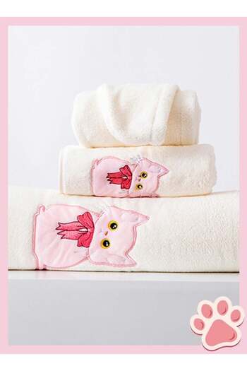 Bukela 4 Pcs Pink Cat Themed Coral Fleece Bath Towel Set, White