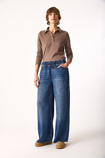 VENA Elastic Waist Wide Leg Dark Blue Jean Pants (Tm)-Dark Blue