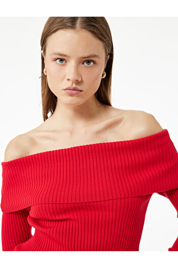 Koton Long Sleeve Slim Fit Off-The-Shoulder Ribbed Knit Sweater