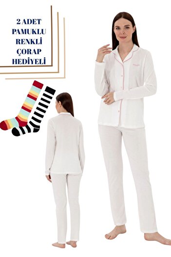 Pierre Cardin Women's Shirt Collar Ecru Boxed Pajama Set with 2 Socks as a Gift