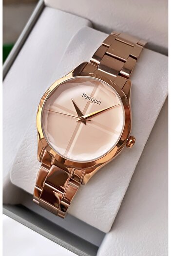Ferrucci Marka Rose Gold Renk Çelik Kordon 2 Yıl Garantili Kadın Kol Saati - Bileklik Hediyeli