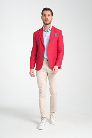 Frappoli Alfredi Men's Oversize Large Size Red Straw Fabric Blazer Jacket