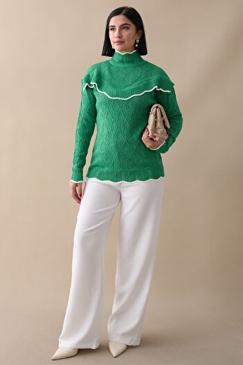 InStyle Alvi Ruffle Detailed Striped Knitwear Sweater - Green