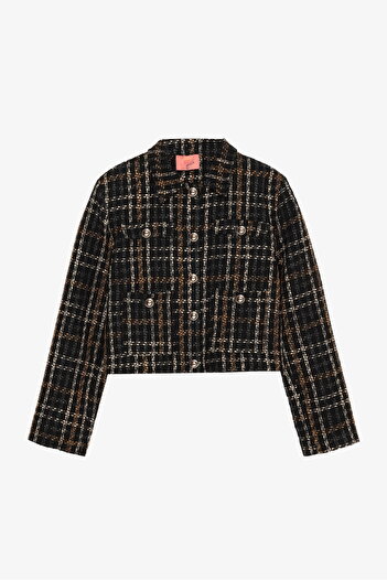 Quzu Double Pocket Buttoned Tweed Jacket Black