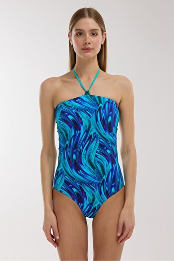AYYILDIZ 5214 Turquoise Patterned Strapless Swimsuit
