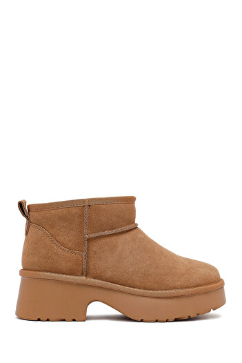 Derimod Women's Tan Thick Soled Fur Suede Leather Teddy Boots 25Wfd478510