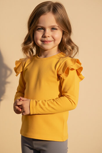 Parla Kids Kız Çocuk Sarı Omuz Fırfırlı Bisiklet Yaka Body Sweatshirt