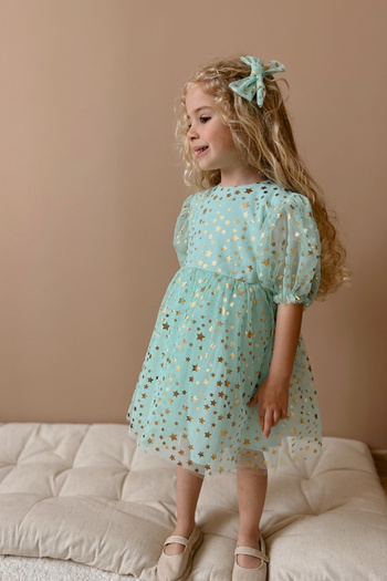 Le Mabelle Mint Short Sleeve Star Printed Girl's Dress - Bella