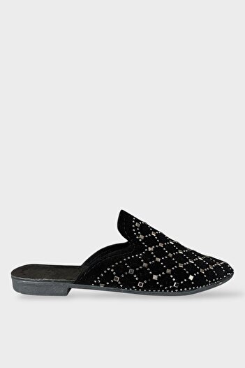 Liger Γυναικείες παντόφλες Suede Pointed Toe Stone Design ΜΑΥΡΟ - ΑΣΗΜΙ