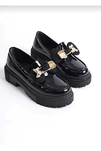 Zaza moda Black Patent Leather Teddy Bear Buckle Detail Loafer Women's Shoes Stylish and Comfortable 2025 Trend Fashion