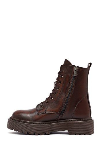 Derimod Women's Brown Lace-Up Zippered Thick Sole Leather Boots 25Wfd181818