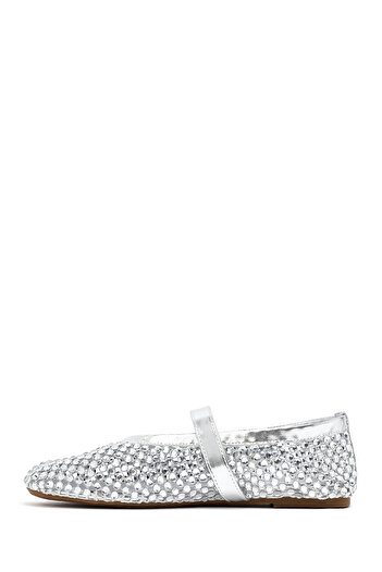 Derimod Women's Silver Mesh Stone Ballerinas 25Sfd441114