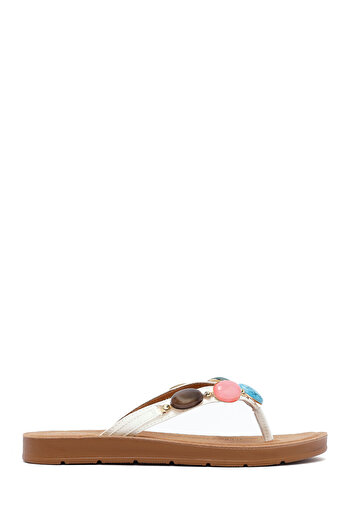 Derimod Women's White Flip Flops Stone Slippers 25Sfe463018