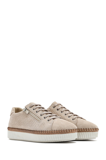 Derimod Kadın Bej Bağcıklı Kalın Tabanlı Süet Deri Sneaker 25SFD501810