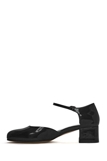 Derimod Women's Black Ankle Buckle Short Thick Heeled Patent Leather Shoes 25Sfd 140916